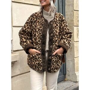 Trendy Leopard‎ Print Faux Fur Jacket Button Down Corduroy Trim Coat